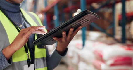 Logistics, hands and woman in warehouse with tablet for online checklist on export distribution website. Inventory, management and person in factory on digital app for search in quality control