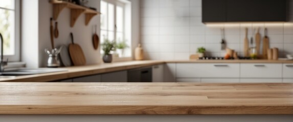 Wooden Countertop in Blurred Modern Kitchen