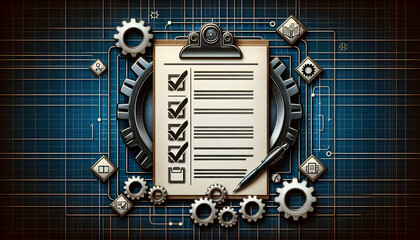 Efficient Process Management: Checklist and Gear Border Frame for Operations with Copy Space - Stock Photo Concept