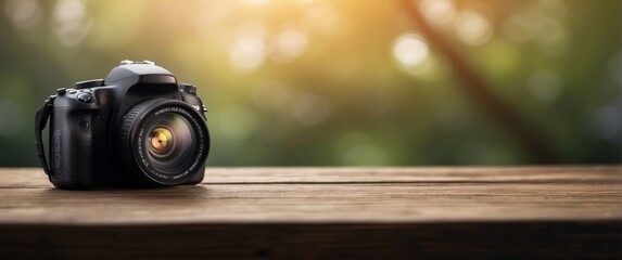 DSLR Camera on a Wooden Table with a Bokeh Background