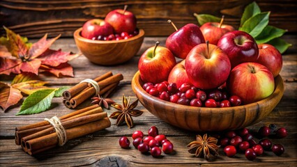 Warmly lit seasonal ingredients, including juicy apples, plump cranberries, and fragrant cinnamon sticks, arranged artfully on a rustic wooden table, evoking cozy autumn recipes.
