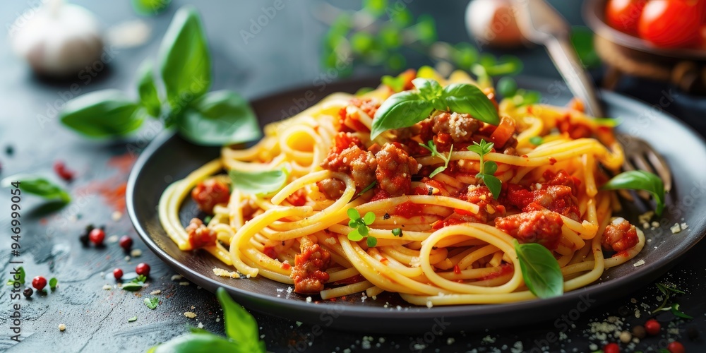 Poster homemade spicy garlic pasta with sausage on plate selective focus