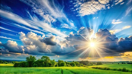 Warm sunbeams radiate through a vibrant blue sky with fluffy white clouds, casting a serene and peaceful ambiance over a lush green landscape.