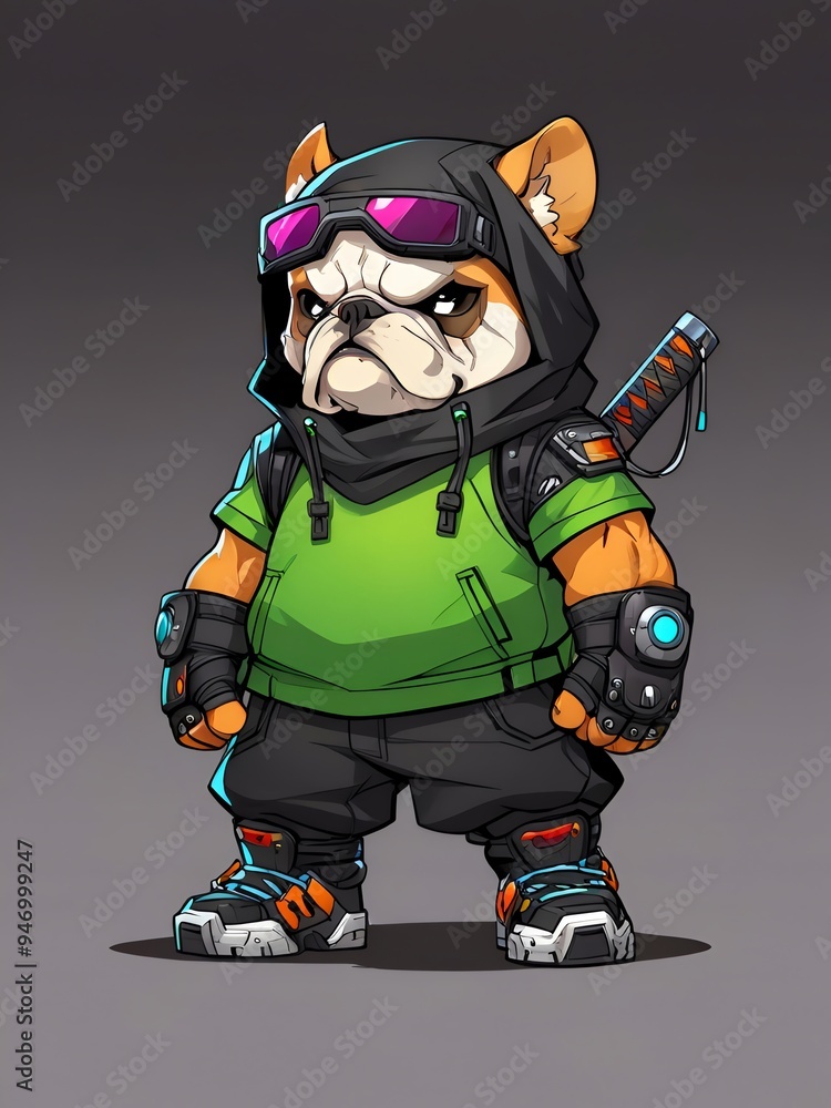 Sticker french bulldog in streetwear with sword