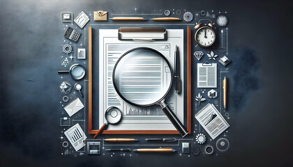 Detailed Review Management: Magnifying Glass Border Frame with Document Review Concept for Copy Space in Photo Stock