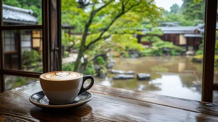 Naklejka premium Cappuccino with perfect latte art placed on a table by a window in a Kyoto coffee shop, showcasing a serene view of a traditional Japanese garden