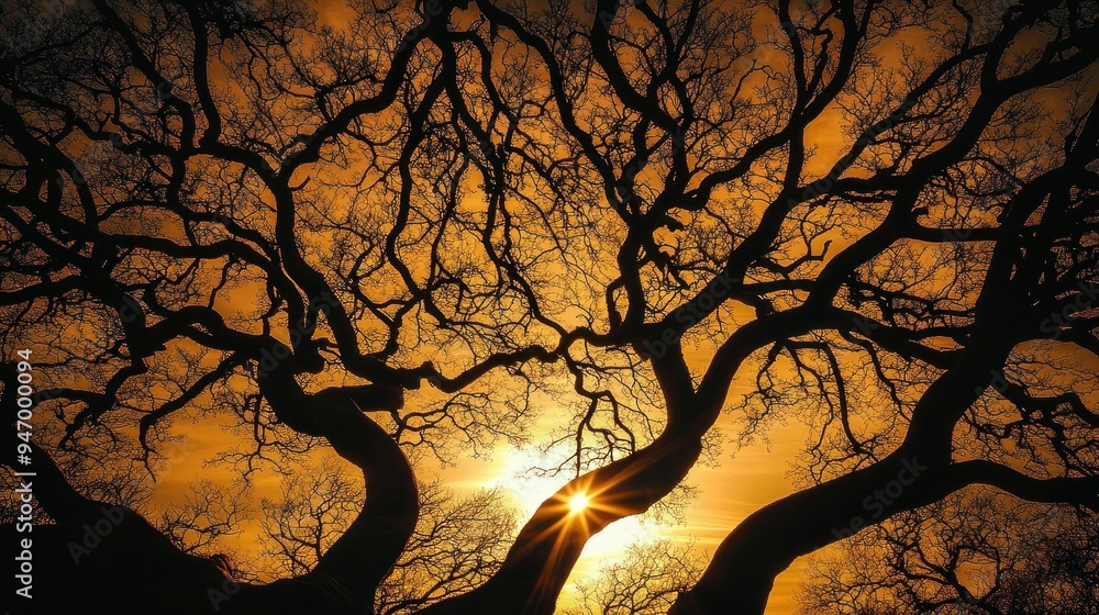 Sticker Sunset Silhouetted Through Intertwined Tree Branches