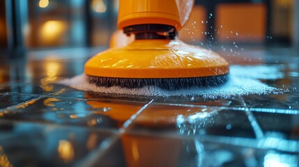 Fototapeta premium Powerful jet of water from a cleaning machine, revitalizing old floor tiles, water droplets frozen mid-air, intense action shot