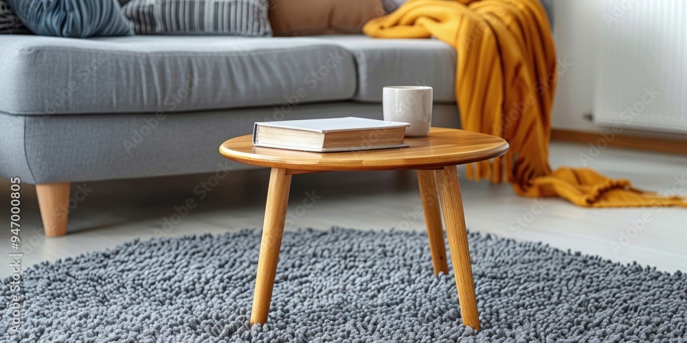 Poster Round wooden table with book and cup on grey carpet beside sofa in modern apartment Authentic photograph