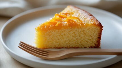 Close-up of a slice of moist orange cake on a white plate with a wooden fork, topped with fresh orange zest and glaze, capturing the vibrant citrus flavors