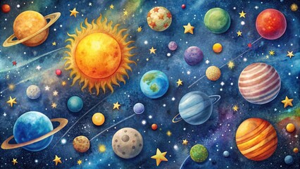 Whimsical hand-drawn illustration of vibrant celestial bodies, including stars, planets, and galaxies, set against a dark blue background with subtle texture and sparkle.