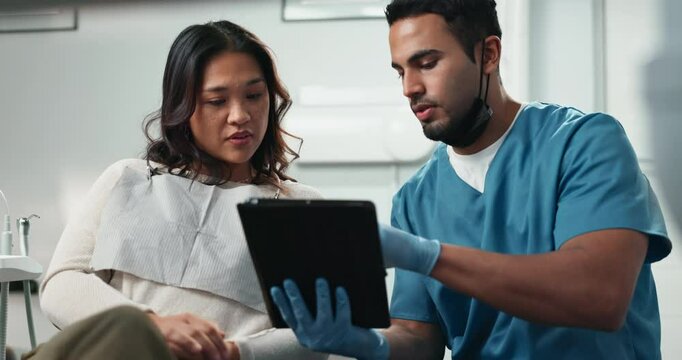 Tablet, doctor and patient for dentist appointment, results or feedback in hospital or oral care clinic. People, discussion and dental hygienist on tech for teeth x ray, diagnosis or tooth treatment