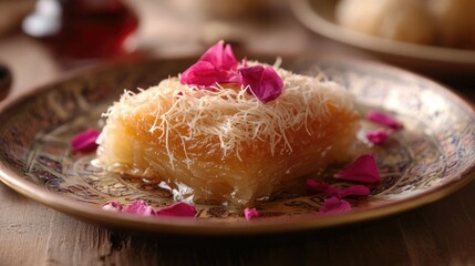 Close-up of Kunafa, shredded filo dough filled with cheese and drizzled with rose water syrup, on a ceramic plate with a rich, textured background