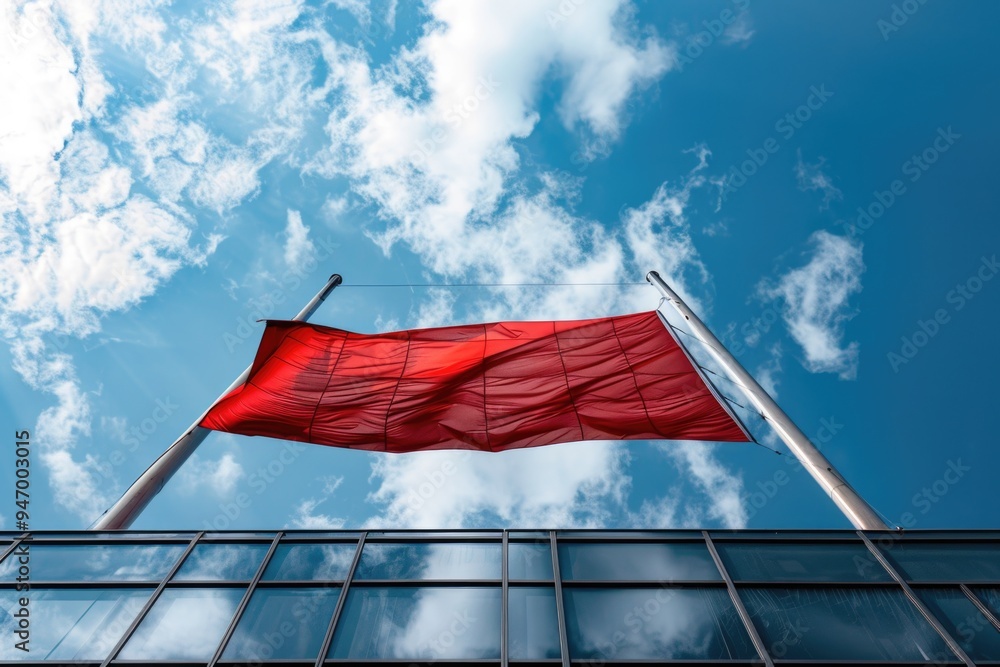 Aufkleber a red flag flying in front of a building, suitable for use as a warning sign or attention-grabber