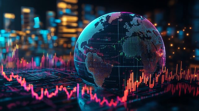 Global market trends visualized with a digital globe and fluctuating graphs, representing stock exchange and financial analytics.