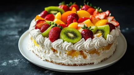 Coconut cake decorated with fresh fruit slices, including strawberry, kiwi, and peach, on a white plate, with a dramatic black background setting