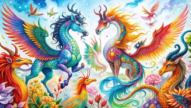 Whimsical illustration of fantastical beings, including dragons, unicorns, mermaids, and phoenixes, in bold black lines and vibrant colors against a white background.