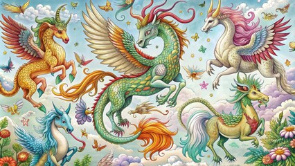 Fototapeta premium Whimsical line drawings of mythical creatures, including dragons, unicorns, and phoenixes, in varied poses and settings, highlighting intricate details and fantastical elements.