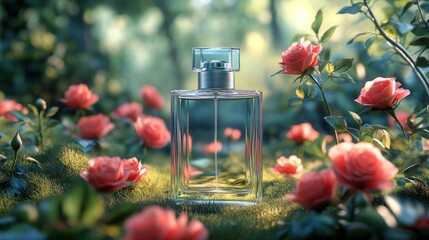 A bottle of perfume is placed in a field of red roses.