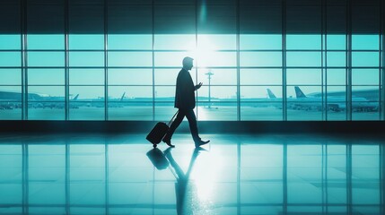 A business professional walking through an airport terminal, rolling a suitcase, talking on the phone, with the bright airport lighting and large windows providing a sense of movement.