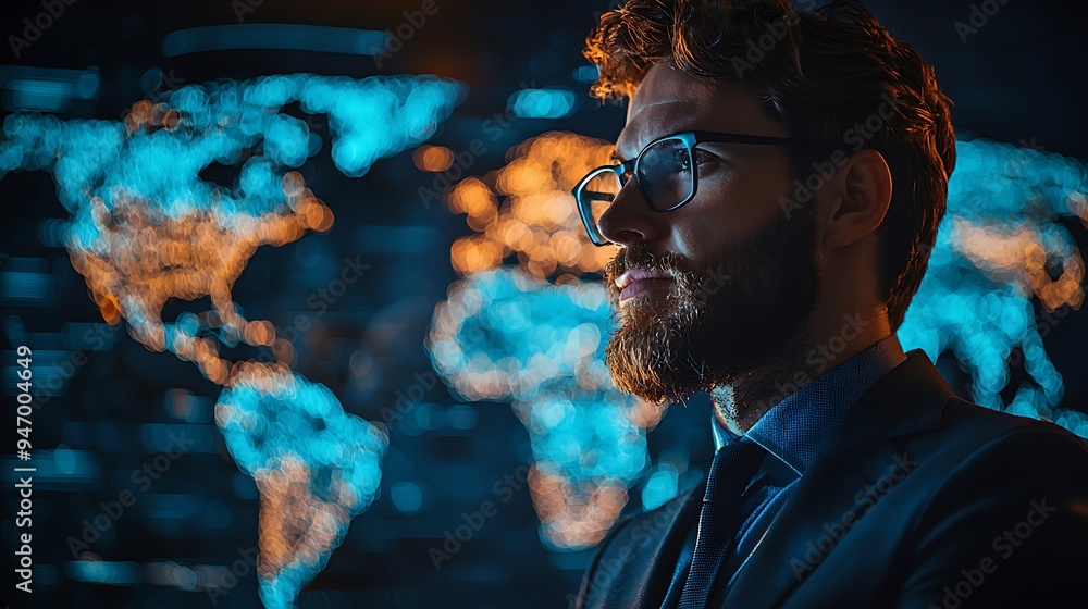 Poster a businessman contemplates a world map illuminated by soft bokeh lights, the visual representing his
