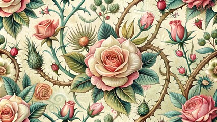 Whimsical vintage-style illustration features lush roses, prickly thorns, and ornate details, evoking nostalgia and romance in a botanical masterpiece of soft colors and intricate lines.