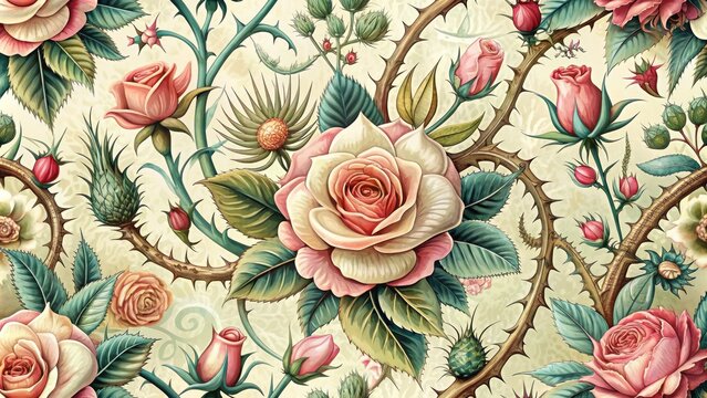 Whimsical vintage-style illustration features lush roses, prickly thorns, and ornate details, evoking nostalgia and romance in a botanical masterpiece of soft colors and intricate lines.