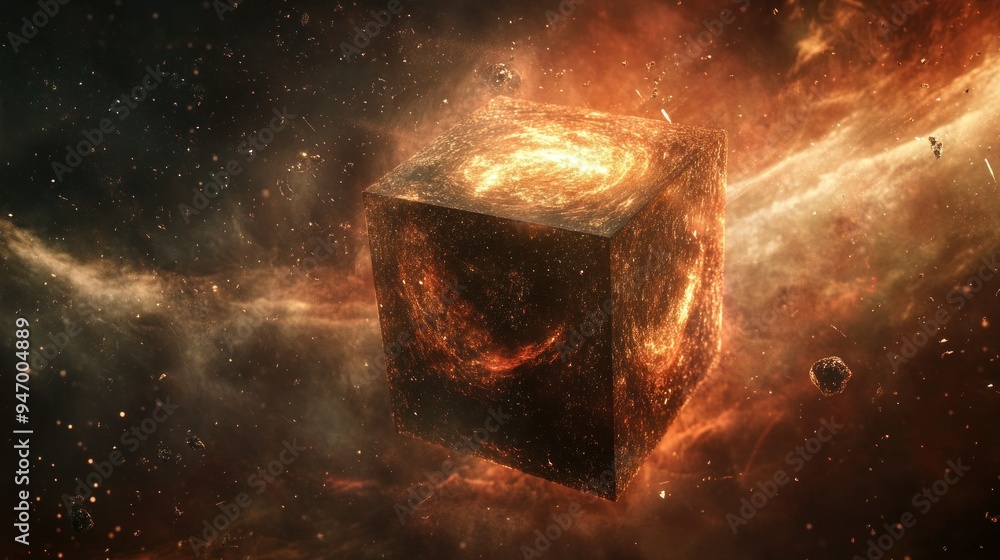 Poster a burning cube floating in a cosmic dust field
