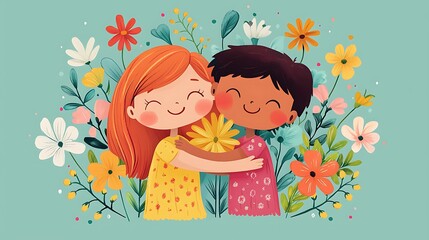 Smiling children embrace in a garden bursting with flowers, their joy mirrored by the vibrant blooms surrounding them.