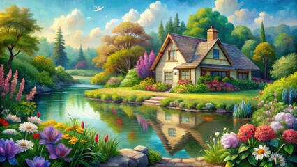 Obraz premium Whimsical watercolor illustration of a charming cottage nestled among lush greenery, vibrant flowers, and a serene lake, evoking a sense of peaceful rural tranquility.