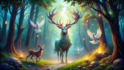 Fototapeta premium Whimsical watercolor illustration of a fantastical forest featuring ethereal creatures, including a stag with antlers aglow, a wispy dragon, and a luminous owl in flight.