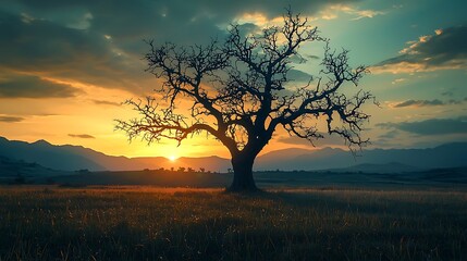 Obraz premium A silhouette of a tree stands majestically at sunset with mountains in the background, the scene filled with calm and quiet beauty.