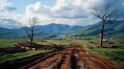 Naklejka premium A small rural community after a natural disaster, with fallen trees and debris strewn across dirt roads, soft watercolor technique, subtle colors, wide-angle shot, serene yet chaotic.