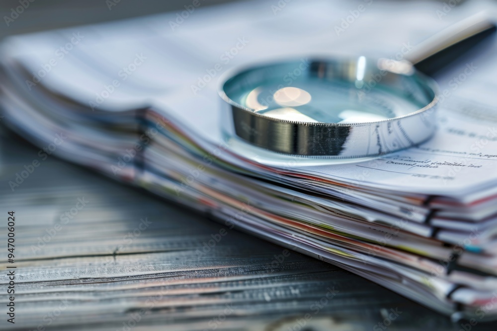 Poster a close-up shot of a stack of newspapers with a magnifying glass on top, perfect for representing re