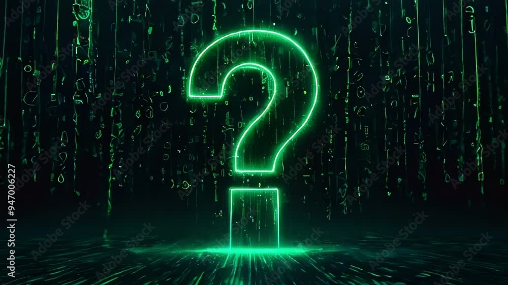 Poster illuminated question mark amid falling symbols in a futuristic digital landscape. digital elements t