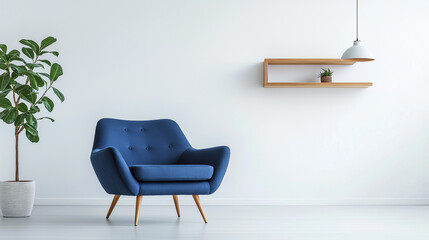 Armchair near blue sofa against white wall with wooden shelf. Scandinavian interior design of modern living room