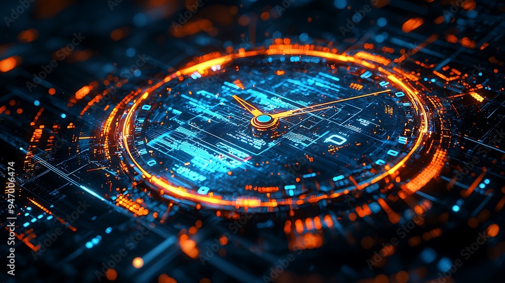 Poster a futuristic clock interface glows with orange and blue lines, its design a sleek representation of 