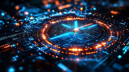 An abstract digital clock set against a background of neon lights and circuit board patterns, merging timekeeping with the aesthetics of technology.