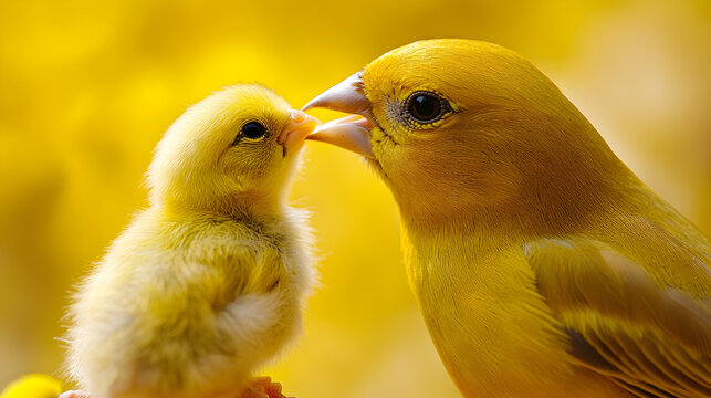 Cute fluffy yellow baby chick bird looking at another chick in close up view