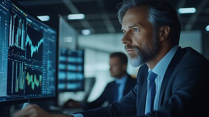 A businessman deeply engaged in analyzing financial data on his computer screen, his focus and determination evident in his thoughtful expression.