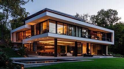 Fototapeta premium A luxurious modern home with a swimming pool and lush green lawn, the twilight adding a serene ambiance to the sophisticated design.