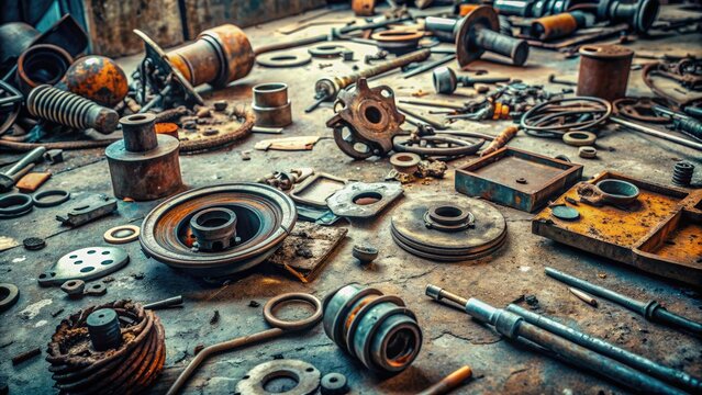 Worn and rusty machinery parts scattered on a concrete floor, surrounded by broken tools and debris, conveying a sense of equipment failure and neglect.