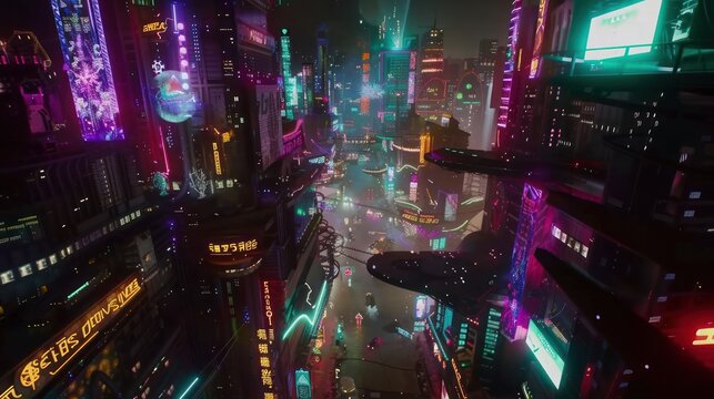 Futuristic Cityscape with Neon Lights and Flying Vehicles