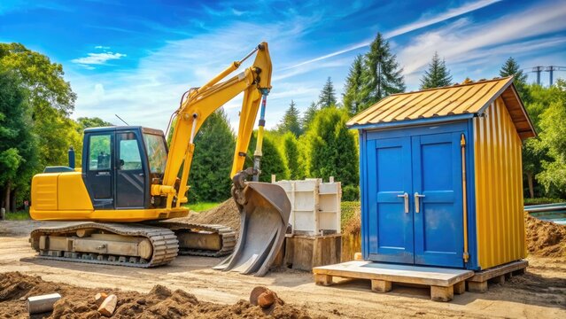 Yellow excavator and tools scattered around a small construction site with a partially built house and a blue portable toilet in the background.