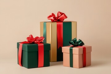 Obraz premium Minimalist geometric gift boxes are beautifully wrapped in bright ribbons and bows, creating a festive holiday atmosphere. Generative AI
