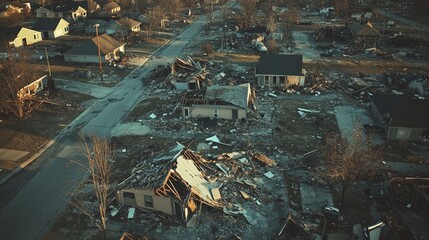 A suburban neighborhood devastated by a natural disaster, roofs torn off, shattered glass, and fallen power lines lying amidst the wreckage