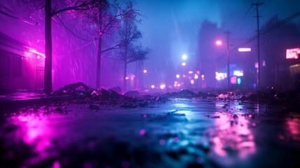 Obraz premium A surreal dystopian scene of a destroyed suburban neighborhood, trees uprooted, rubble strewn everywhere, with neon lighting and dark shadows, in a cyberpunk aesthetic.