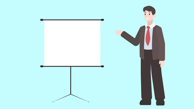 Looped cartoon animation, male character standing next to an empty board, gesturing toward it while giving a presentation. Business presentation, teaching, education concepts. Luma channel, chroma key