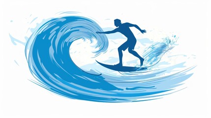 Fototapeta premium Silhouette of a surfer riding a blue wave.