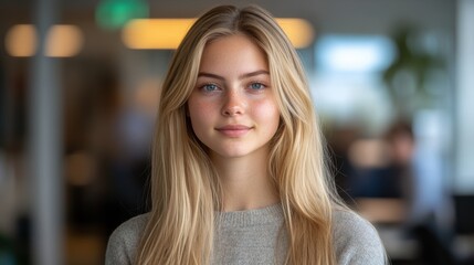 Obraz premium A young woman with long blonde hair and blue eyes stands in an office setting, wearing a light grey sweater, with a blurred background that suggests a modern workspace